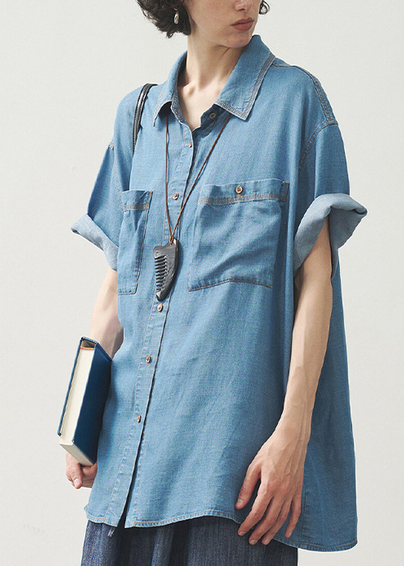 Blue Peter Pan Collar Pockets Button Denim Shirts Summer
