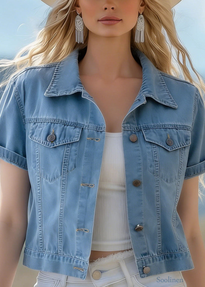 Blue Peter Pan Collar Pockets Denim Jackets Summer