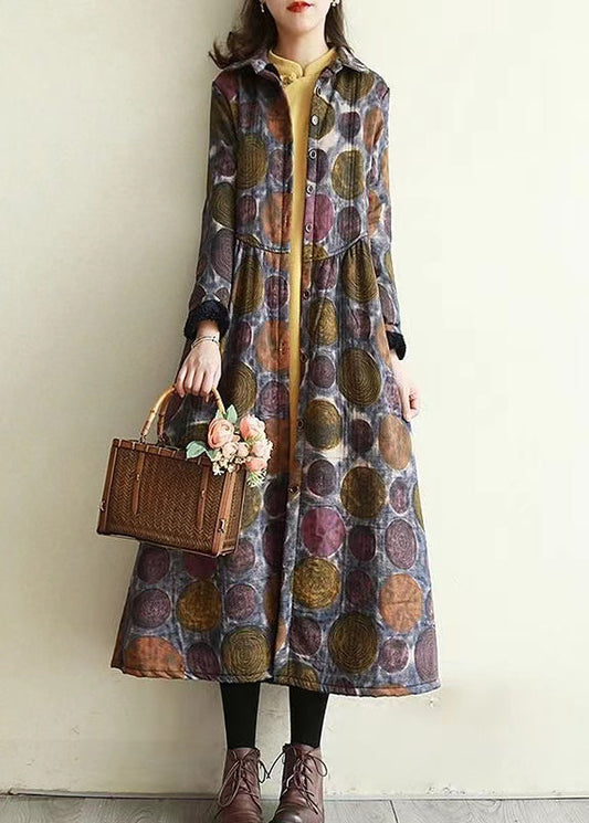 Blue Peter Pan Collar Pockets Print Warm Fleece Trench Winter