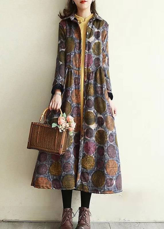 Blue Peter Pan Collar Pockets Print Warm Fleece Trench Winter