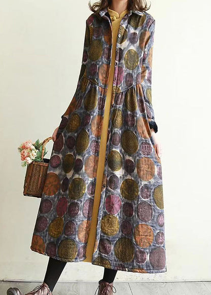 Blue Peter Pan Collar Pockets Print Warm Fleece Trench Winter