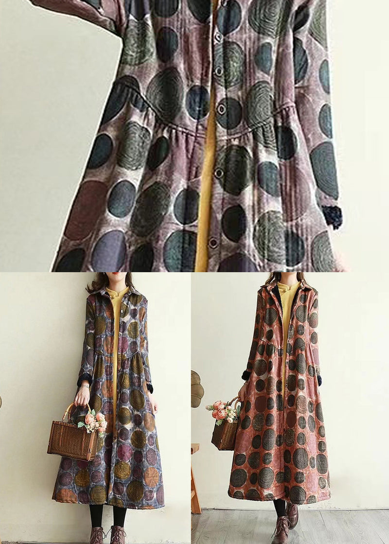 Blue Peter Pan Collar Pockets Print Warm Fleece Trench Winter