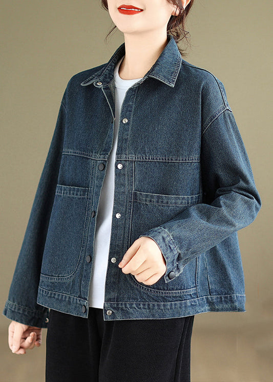 Blue Peter Pan Collar Pockets Warm Fleece Denim Coat Winter
