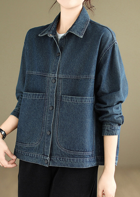 Blue Peter Pan Collar Pockets Warm Fleece Denim Coat Winter