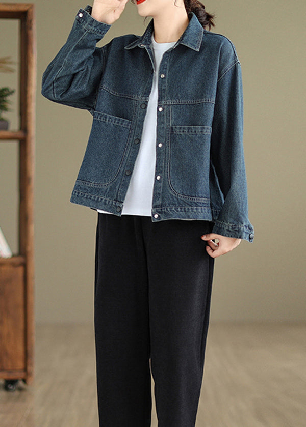 Blue Peter Pan Collar Pockets Warm Fleece Denim Coat Winter