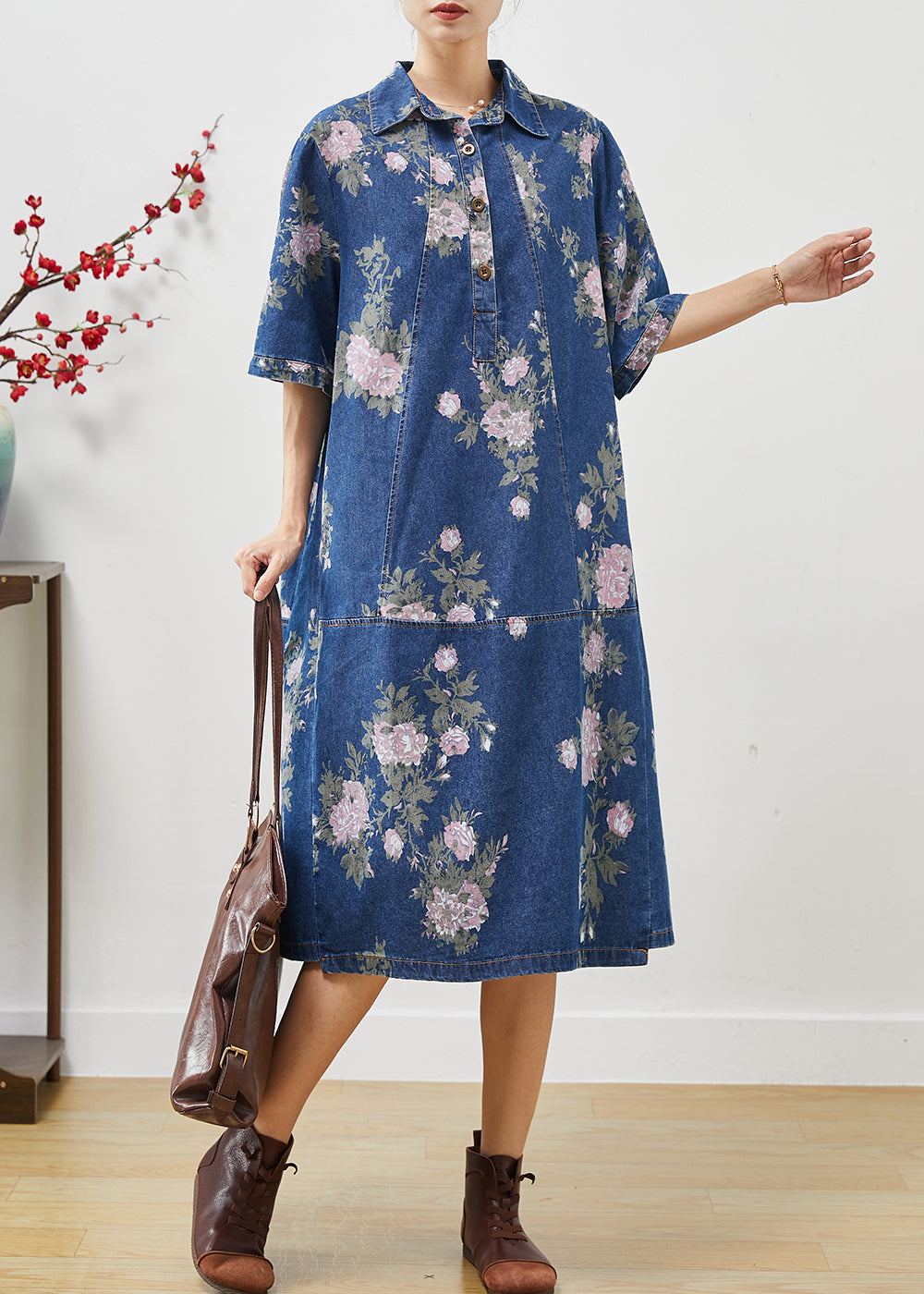 Blue Peter Pan Collar Print Denim Dress Summer