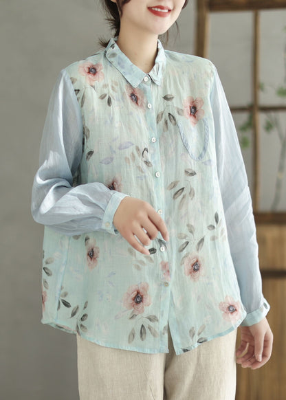 Women Blue Peter Pan Collar Print Linen Shirt Spring