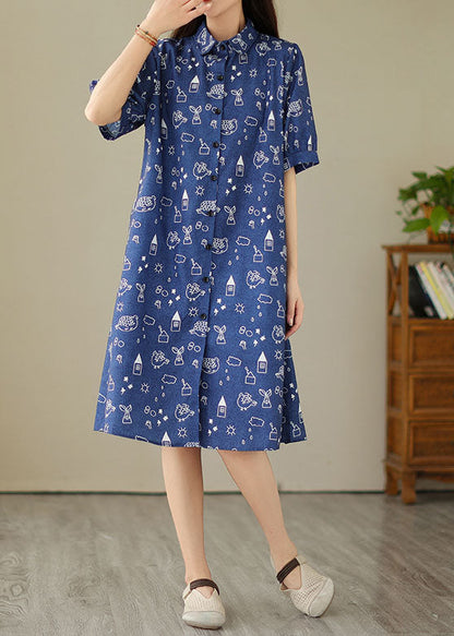 Blue Peter Pan Collar Print Patchwork Denim Shirts Dress Summer