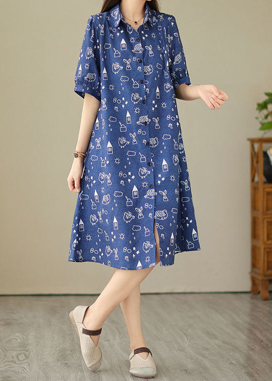 Blue Peter Pan Collar Print Patchwork Denim Shirts Dress Summer