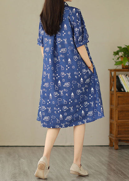 Blue Peter Pan Collar Print Patchwork Denim Shirts Dress Summer