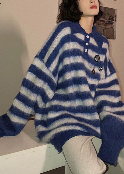 Blue Peter Pan Collar Striped Knit Sweater Winter