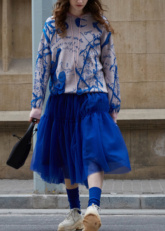 Blue Pink Hooded Jacquard Knit Sweater Fall
