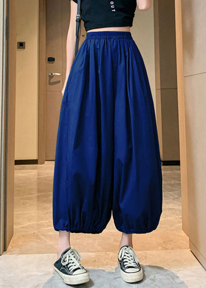 Blue Pockets Elastic Waist Crop Pants Summer
