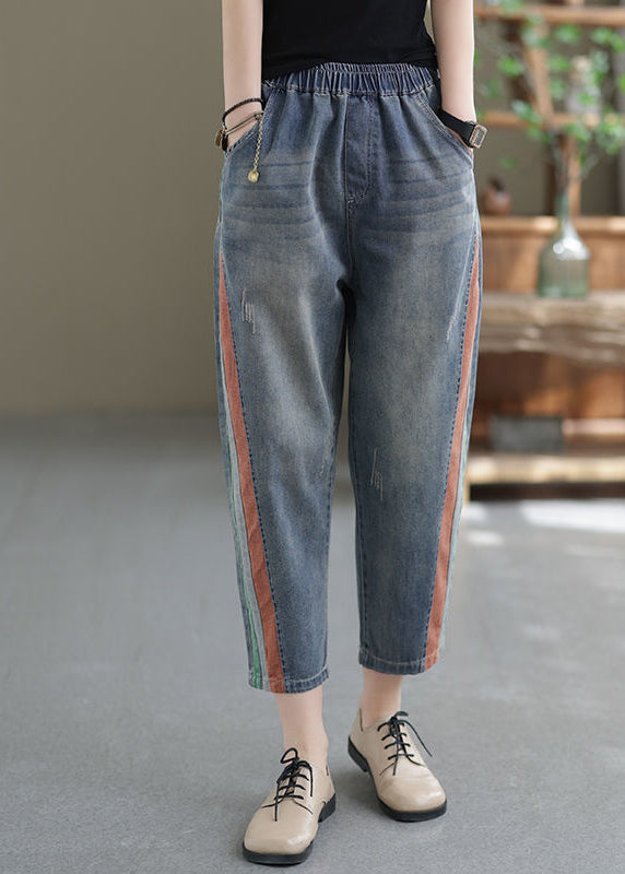 Blue Pockets Elastic Waist Denim Crop Pants Summer