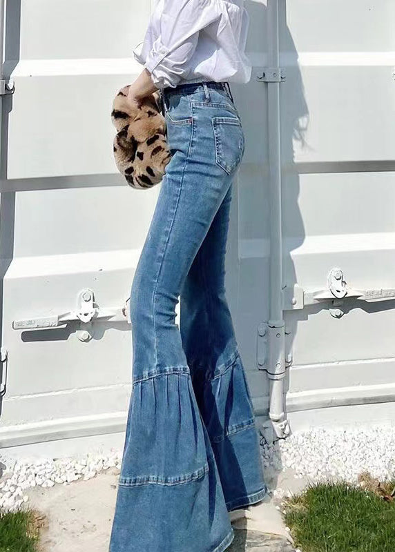 Blue Pockets High Waist Denim Flared Trousers Summer