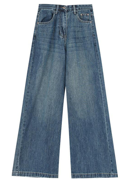 Blue Pockets High Waist Denim Wide Leg Pants Winter