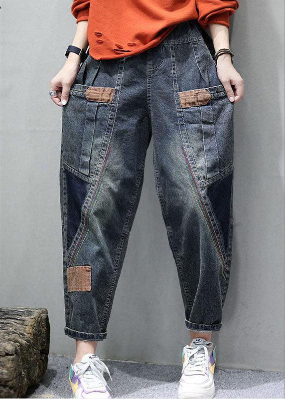 Blue Pockets Patchwork Fall Denim Pants