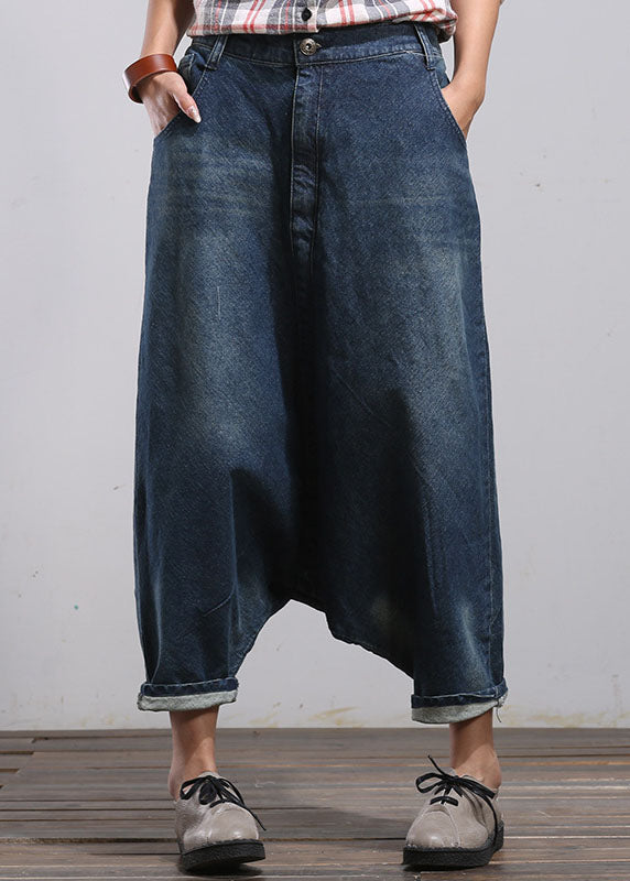 Blue Pockets Patchwork Denim Harem Pants Spring