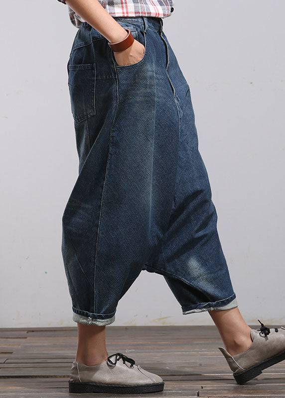 Blue Pockets Patchwork Denim Harem Pants Spring