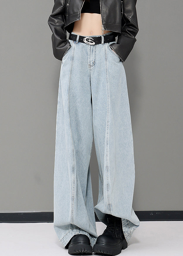 Blue Pockets Patchwork Denim Wide Leg Pants Fall