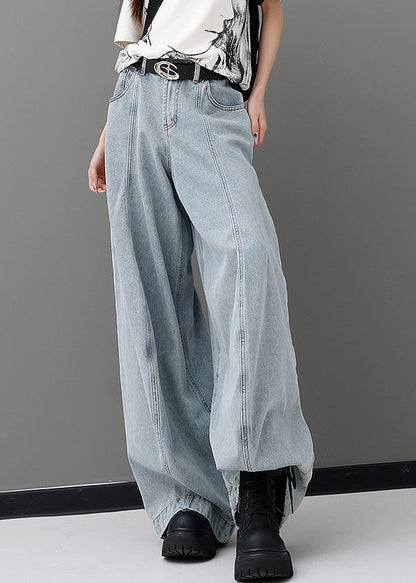 Blue Pockets Patchwork Denim Wide Leg Pants Fall