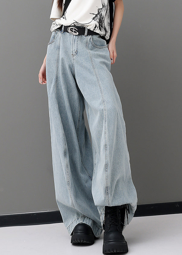 Blue Pockets Patchwork Denim Wide Leg Pants Fall