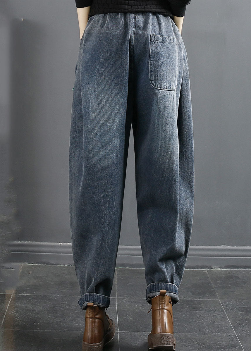 Blue Pockets Patchwork Elastic Waist Cotton Denim Harem Pants Fall