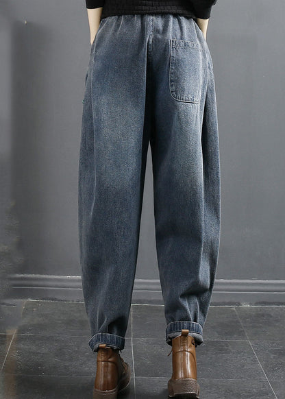 Blue Pockets Patchwork Elastic Waist Cotton Denim Harem Pants Fall
