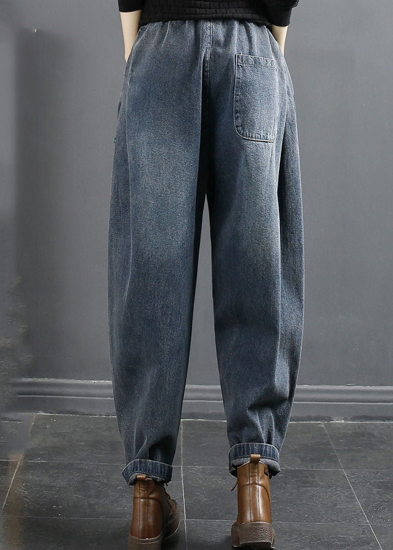 Blue Pockets Patchwork Elastic Waist Cotton Denim Harem Pants Fall