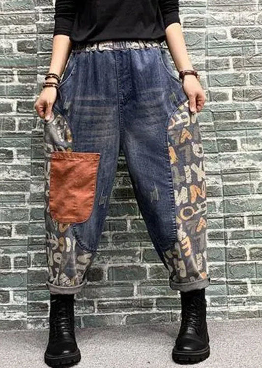 Blue Pockets Patchwork Print Denim Harem Pants Spring