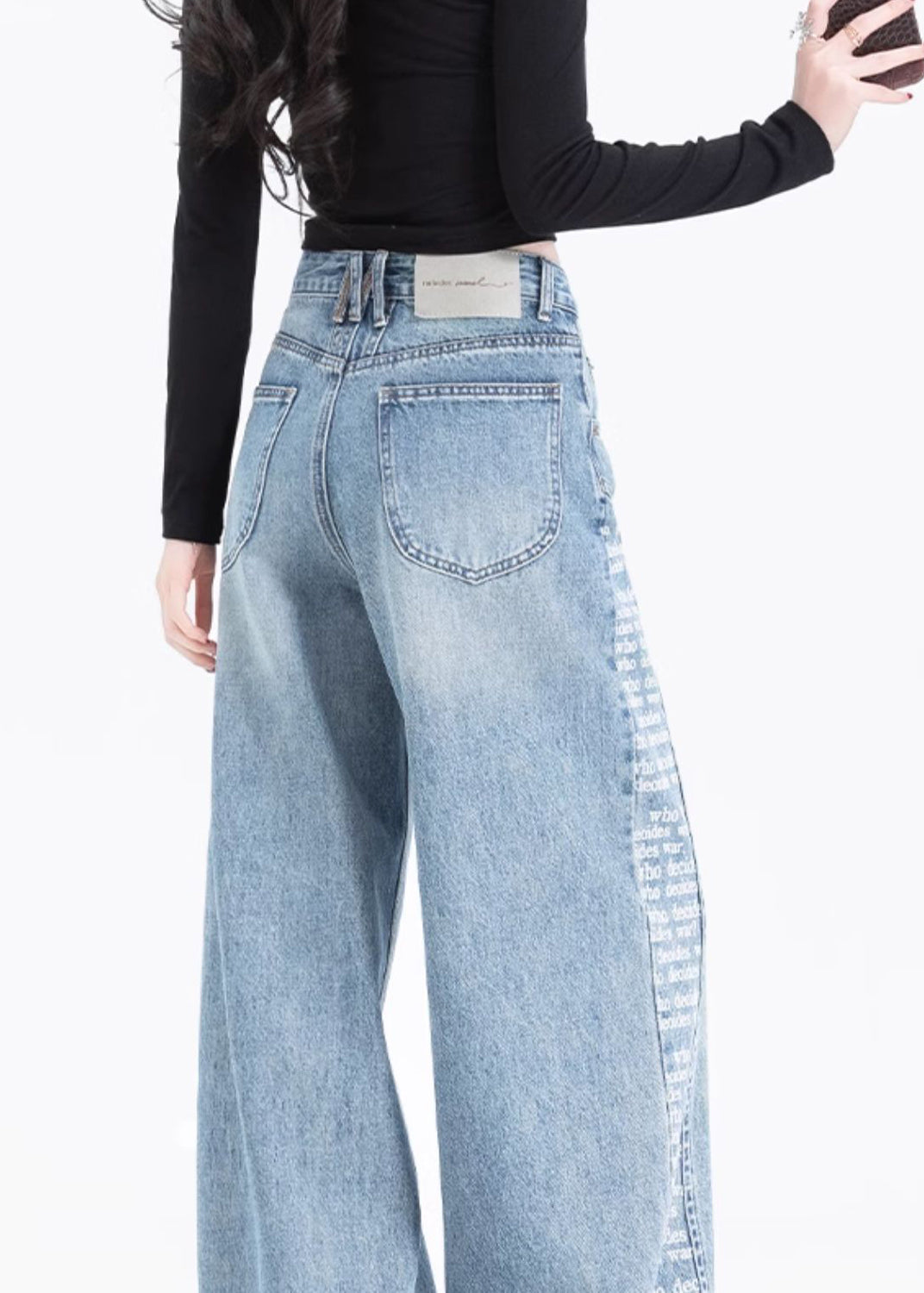 Blue Pockets Print Patchwork Denim Pants Spring