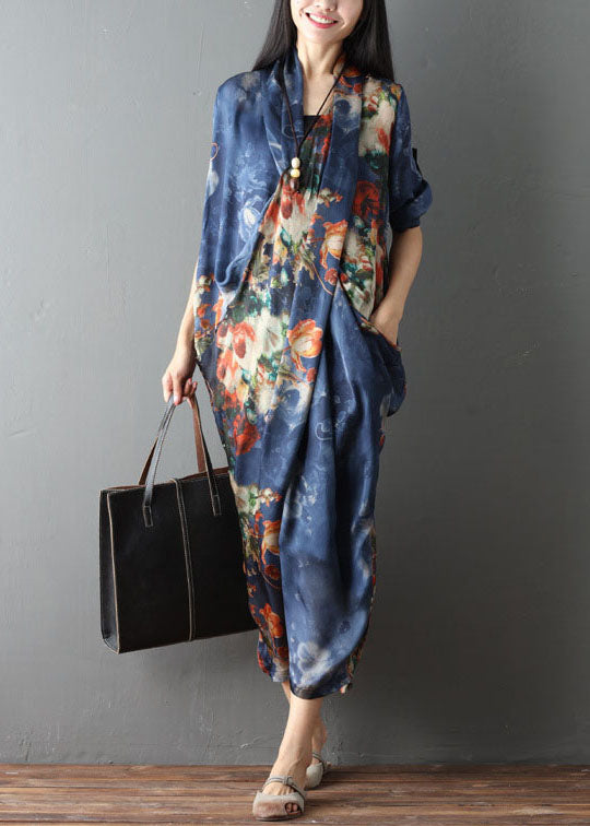 Blue Pockets Print Asymmetrical Design Fall Dress Half Sleeve