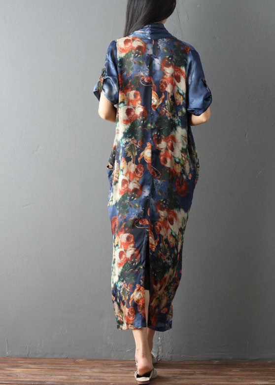 Blue Pockets Print Asymmetrical Design Fall Dress Half Sleeve