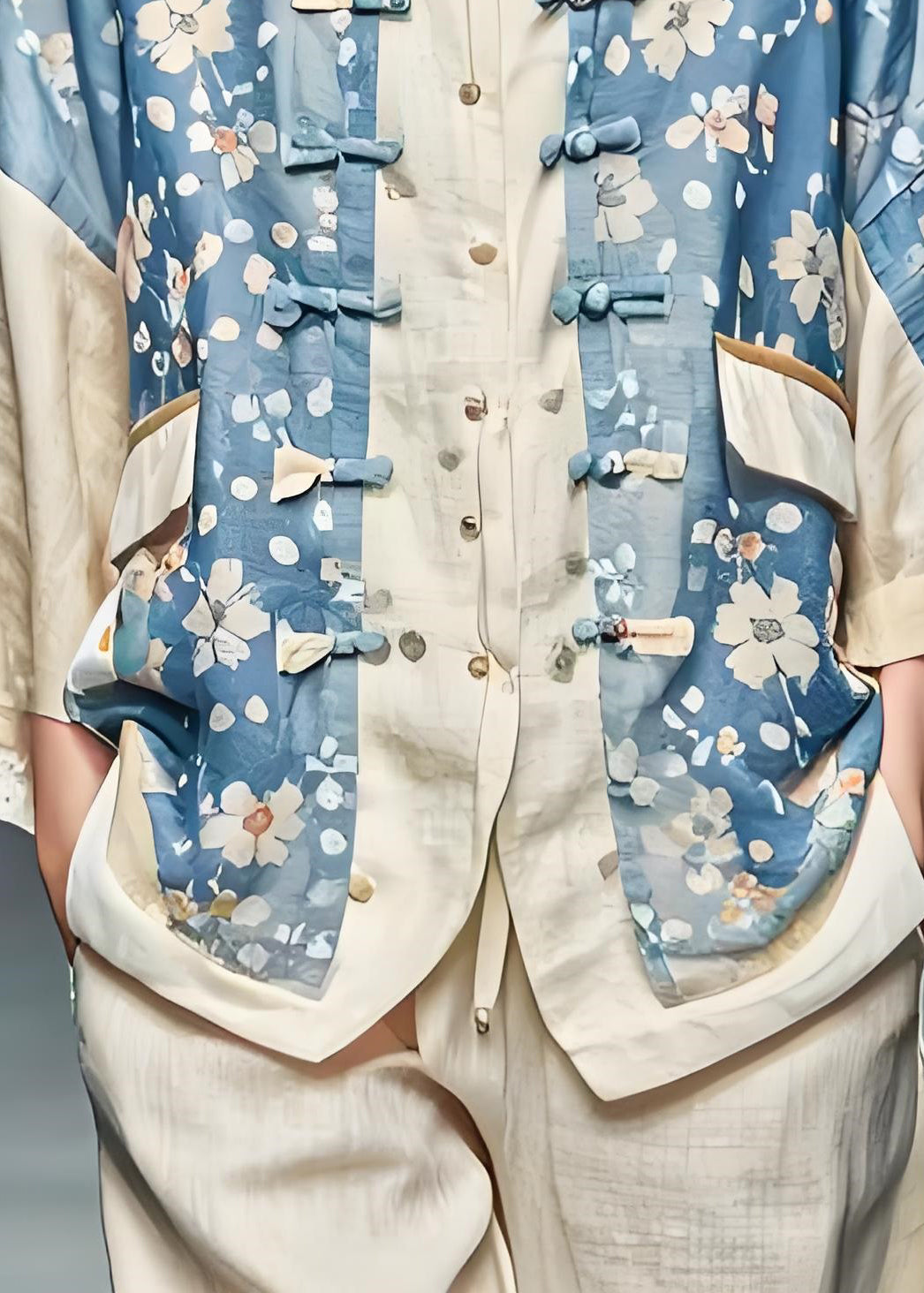 Blue Print Chinese Button Patchwork Cotton Coats Fall
