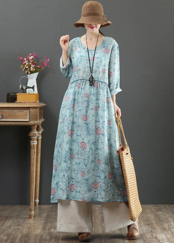 Blue Print Dresses O Neck Cinched Maxi Spring Dresses