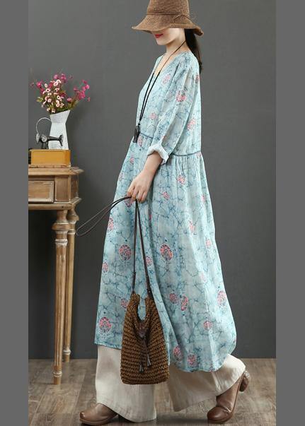 Blue Print Dresses O Neck Cinched Maxi Spring Dresses