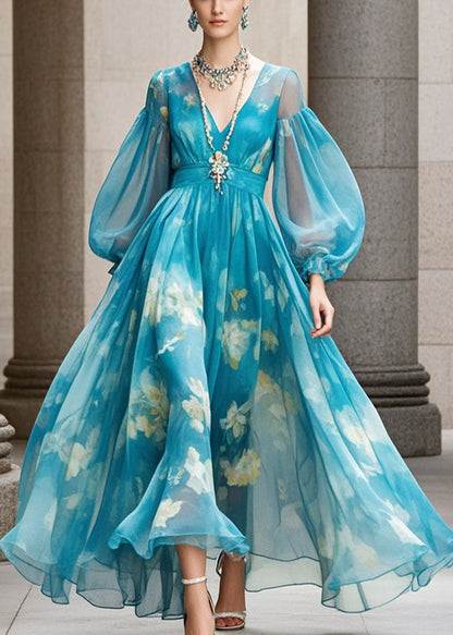 Blue Print Exra Large Hem Chiffon Dress Lantern Sleeve