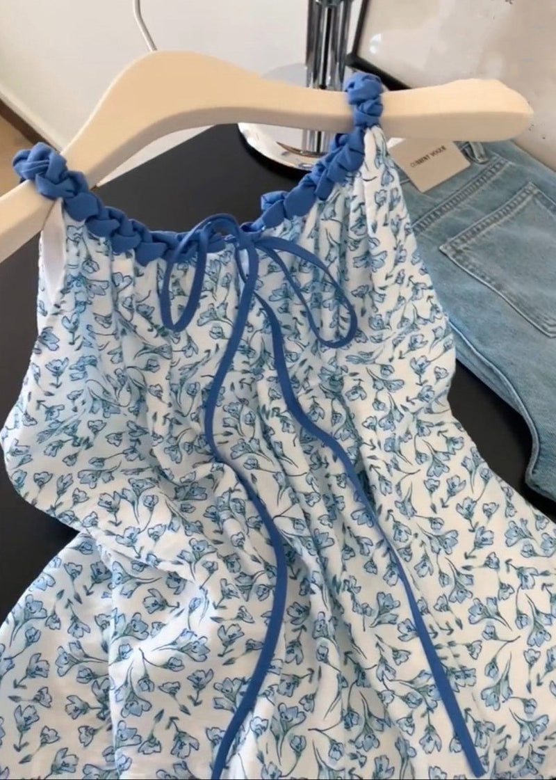 Blue Print Lace Up Cotton Tank Sleeveless