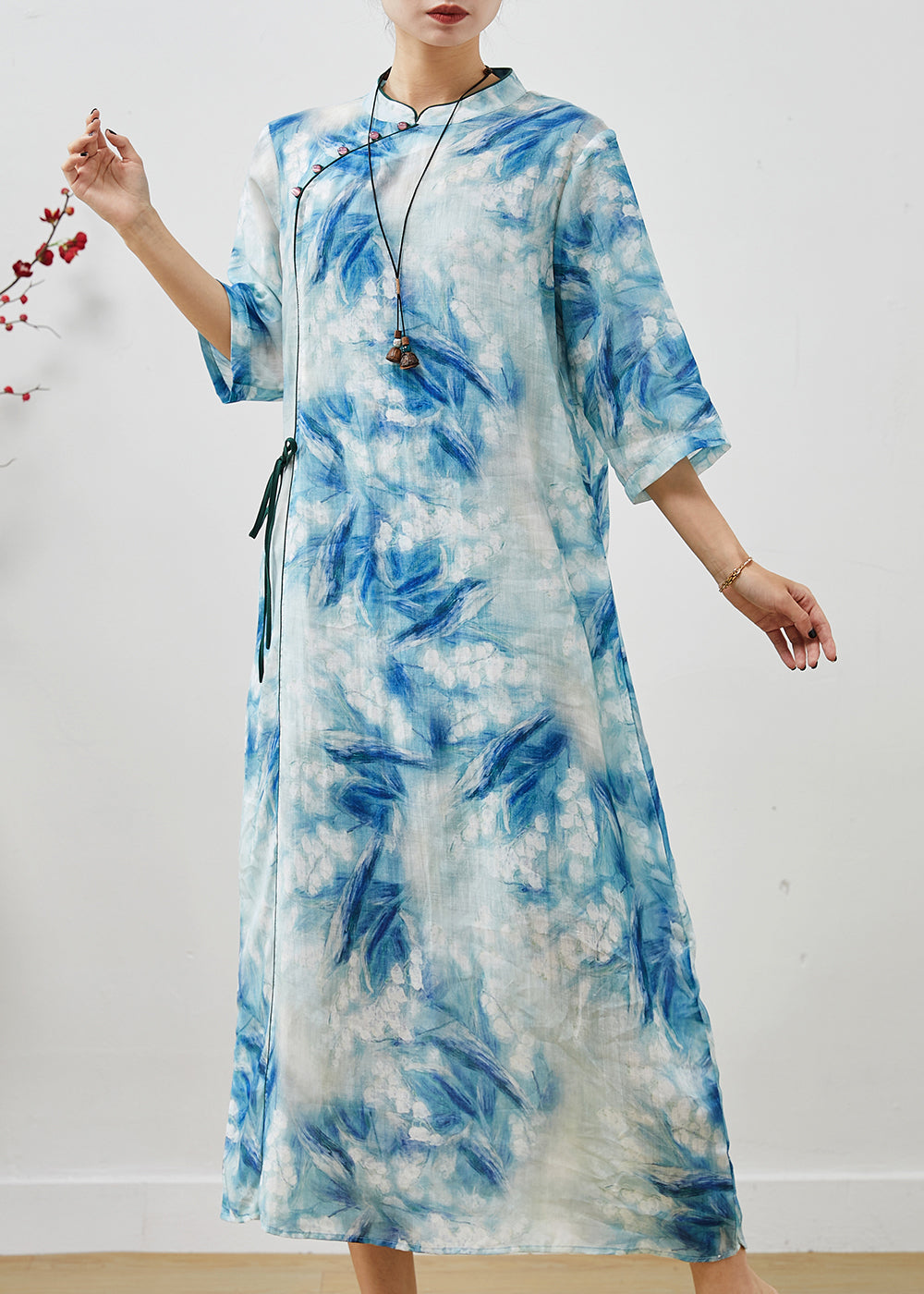 Blue Print Lace Up Linen Cheongsam Dresses Summer