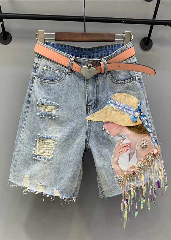 Blue Print Nail Bead Tassel Ripped Shorts