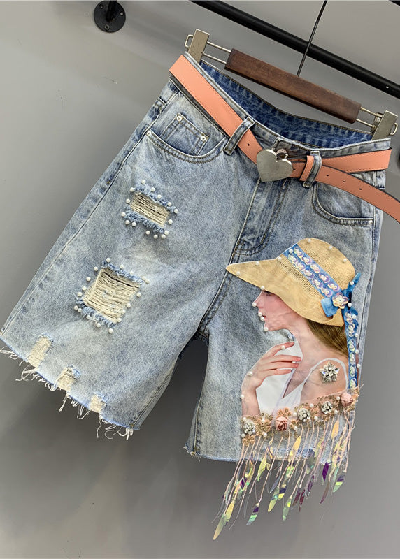 Blue Print Nail Bead Tassel Ripped Shorts