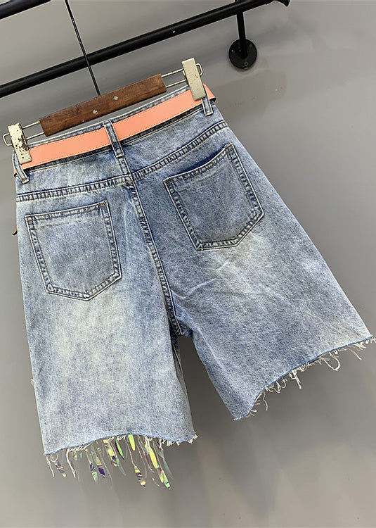 Blue Print Nail Bead Tassel Ripped Shorts