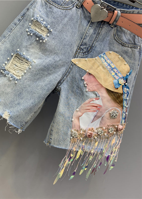 Blue Print Nail Bead Tassel Ripped Shorts