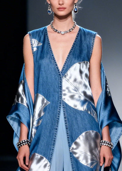 Blue Print Patchwork Exra Large Hem Denim a Line Dresses Summer
