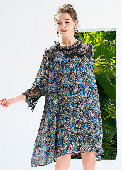 Blue Print Ruffled Lace Patchwork Hollow Out Chiffon Dresses Summer