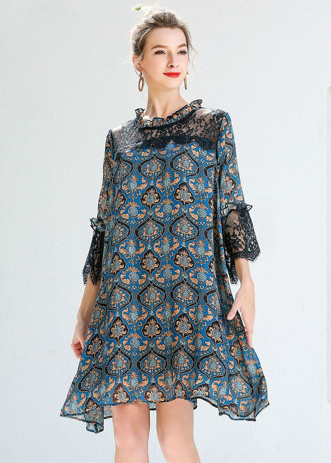 Blue Print Ruffled Lace Patchwork Hollow Out Chiffon Dresses Summer