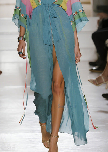 Blue Print Side Open Chiffon Long Dress Summer