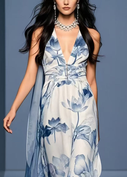 Blue Print Side Open Chiffon Sundresses Sleeveless
