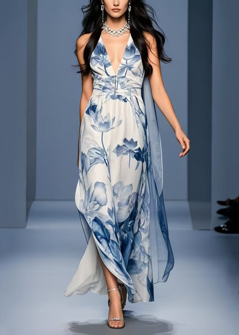 Blue Print Side Open Chiffon Sundresses Sleeveless