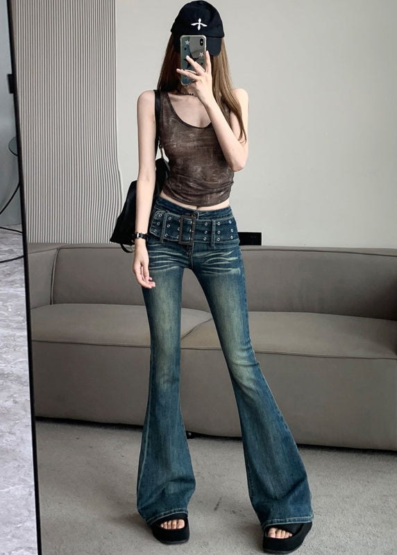 Blue Print Tummy Control Denim Flared Trousers Spring